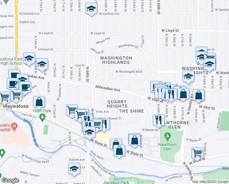 map of restaurants, bars, coffee shops, grocery stores, and more near 6434 Milwaukee Avenue in Wauwatosa