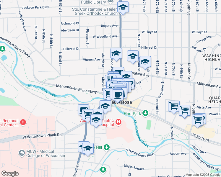 map of restaurants, bars, coffee shops, grocery stores, and more near 1530 Church Street in Wauwatosa
