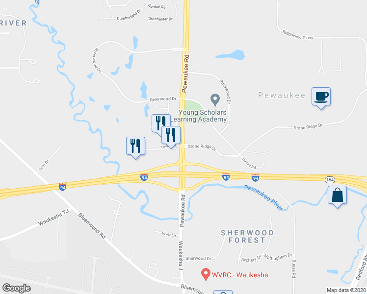 map of restaurants, bars, coffee shops, grocery stores, and more near N16 W23377 Stone Ridge Drive in Waukesha