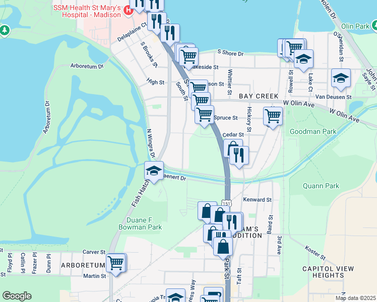 map of restaurants, bars, coffee shops, grocery stores, and more near 1331 South Street in Madison