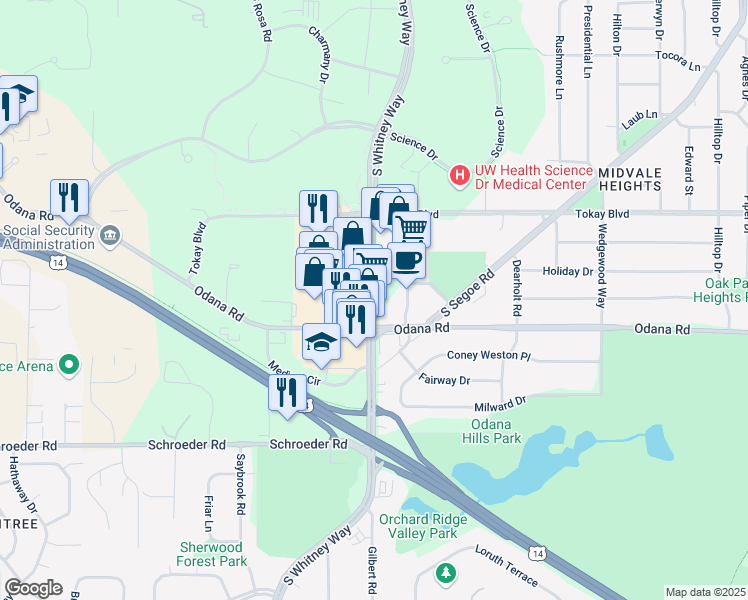 map of restaurants, bars, coffee shops, grocery stores, and more near 680 South Whitney Way in Madison