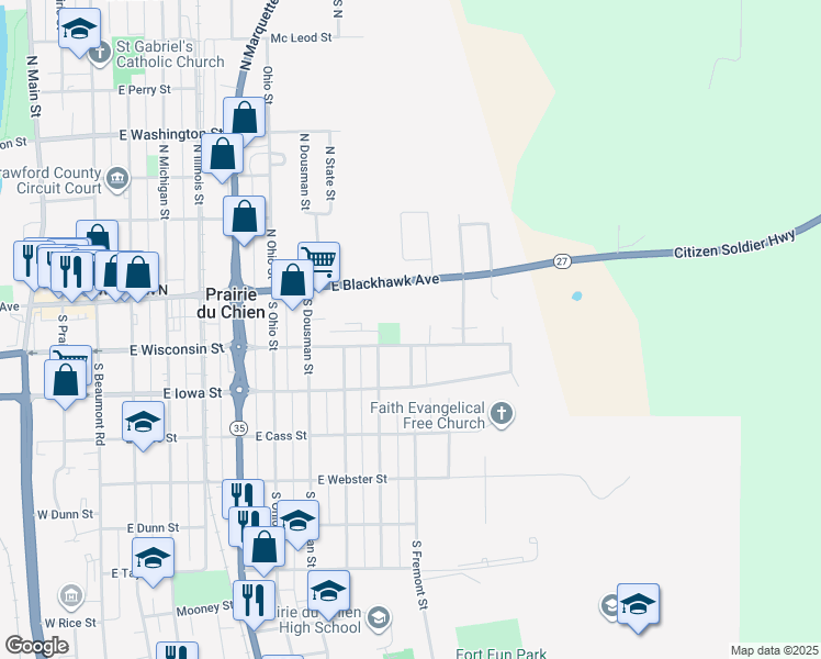 map of restaurants, bars, coffee shops, grocery stores, and more near 1007 East Wisconsin Street in Prairie du Chien