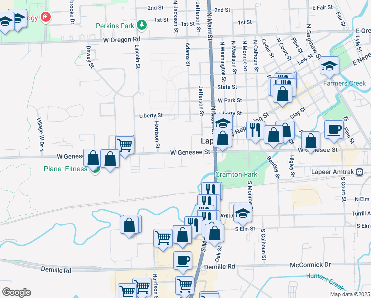 map of restaurants, bars, coffee shops, grocery stores, and more near 201 Jefferson Street in Lapeer