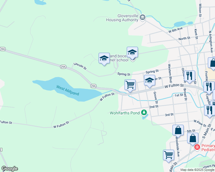 map of restaurants, bars, coffee shops, grocery stores, and more near 34 Rose Street in Gloversville