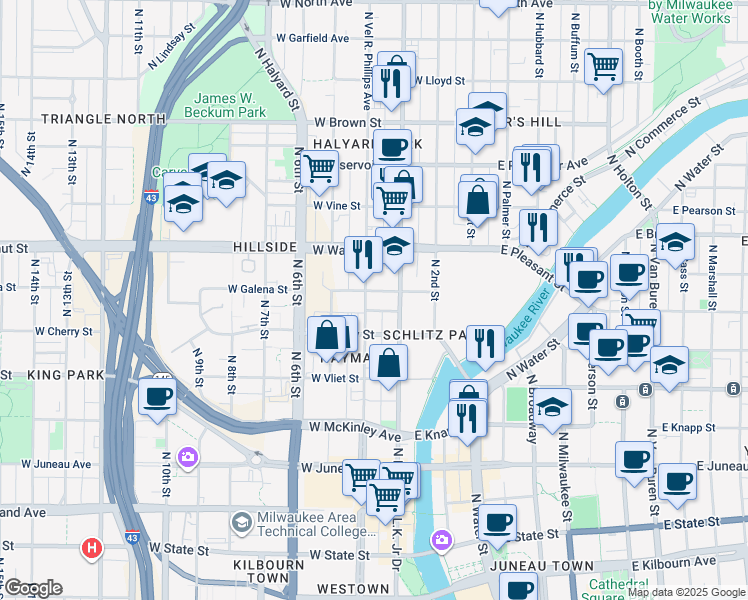 map of restaurants, bars, coffee shops, grocery stores, and more near 1555 North Doctor Martin Luther King Junior Drive in Milwaukee