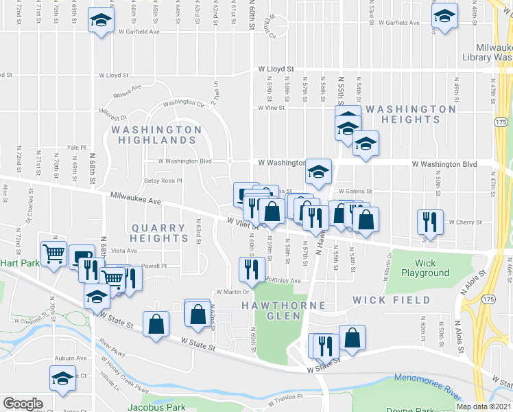 map of restaurants, bars, coffee shops, grocery stores, and more near 1524 N 60th St in Milwaukee