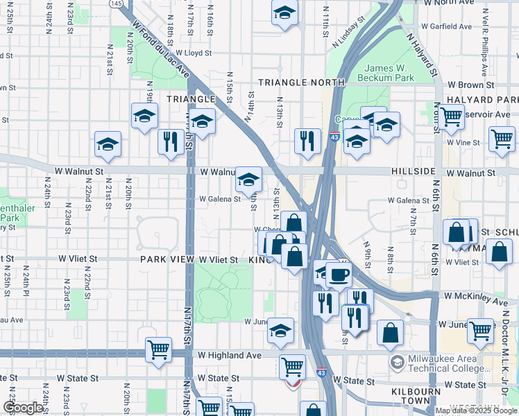 map of restaurants, bars, coffee shops, grocery stores, and more near 1544 North 14th Street in Milwaukee