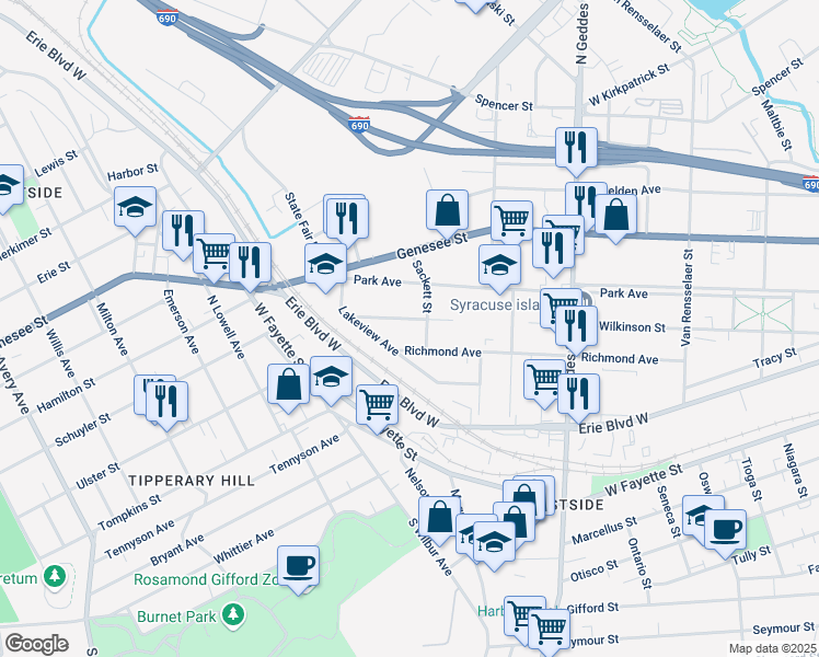 map of restaurants, bars, coffee shops, grocery stores, and more near 320 Apple Street in Syracuse