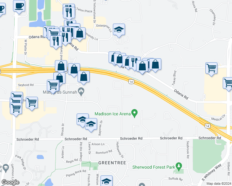 map of restaurants, bars, coffee shops, grocery stores, and more near 630 Forward Drive in Madison