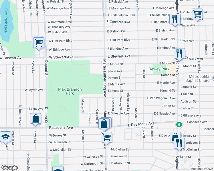 map of restaurants, bars, coffee shops, grocery stores, and more near 4010 Martin Luther King Avenue in Flint