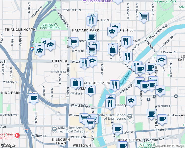 map of restaurants, bars, coffee shops, grocery stores, and more near 1555 North Doctor Martin Luther King Junior Drive in Milwaukee