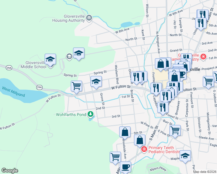 map of restaurants, bars, coffee shops, grocery stores, and more near 7 Summer Street in Gloversville