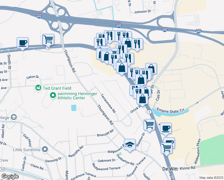 map of restaurants, bars, coffee shops, grocery stores, and more near 337 Stanton Drive in Syracuse