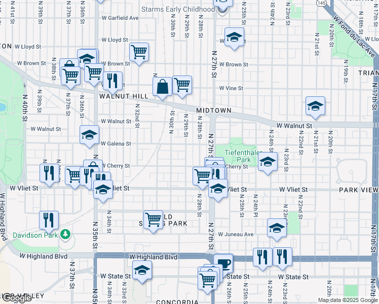map of restaurants, bars, coffee shops, grocery stores, and more near 2828-2832 West Galena Street in Milwaukee