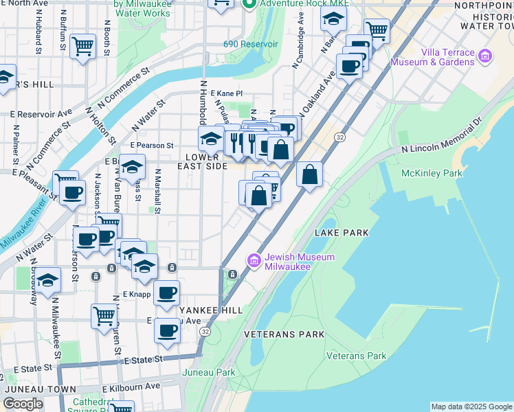 map of restaurants, bars, coffee shops, grocery stores, and more near 1557 North Farwell Avenue in Milwaukee