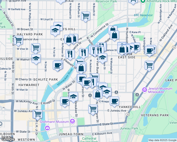 map of restaurants, bars, coffee shops, grocery stores, and more near 1634 North Jackson Street in Milwaukee