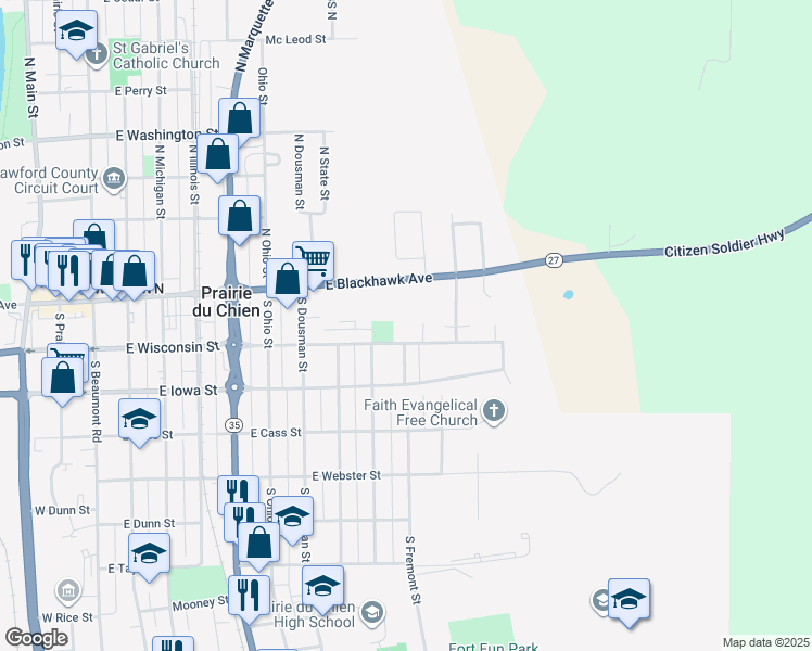 map of restaurants, bars, coffee shops, grocery stores, and more near 1007 East Wisconsin Street in Prairie du Chien