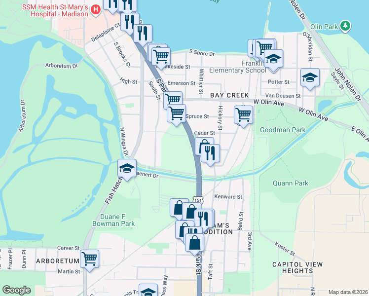map of restaurants, bars, coffee shops, grocery stores, and more near 1402 South Park Street in Madison