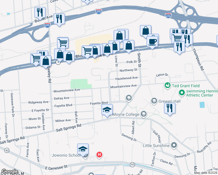 map of restaurants, bars, coffee shops, grocery stores, and more near Mountainview Avenue & Audubon Parkway in Syracuse