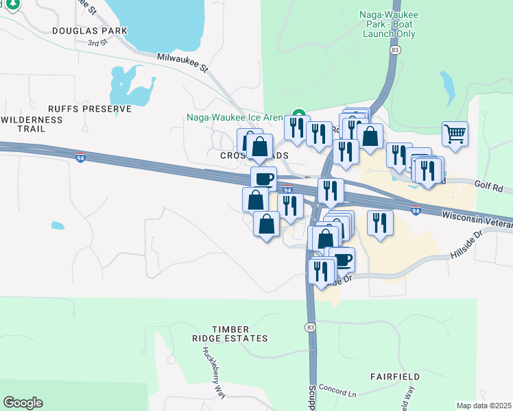 map of restaurants, bars, coffee shops, grocery stores, and more near 2553 Sun Valley Drive in Delafield