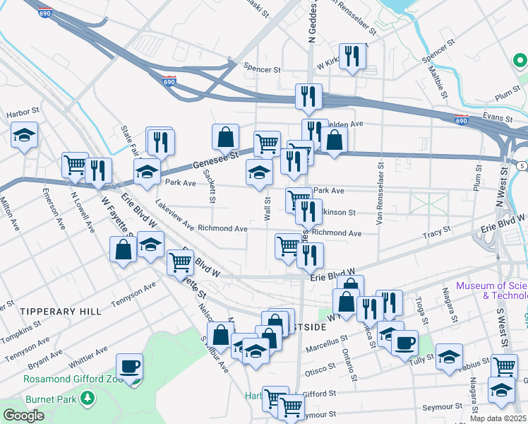 map of restaurants, bars, coffee shops, grocery stores, and more near 217 Wall Street in Syracuse