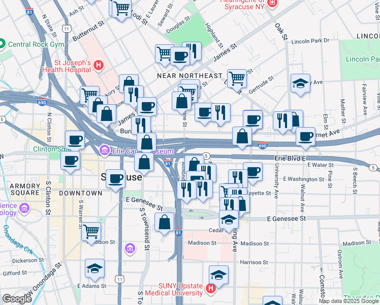 map of restaurants, bars, coffee shops, grocery stores, and more near 701 Erie Boulevard East in Syracuse