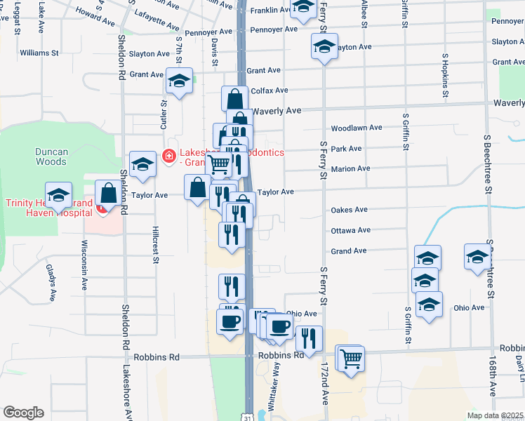 map of restaurants, bars, coffee shops, grocery stores, and more near 1010 South Beacon Boulevard in Grand Haven