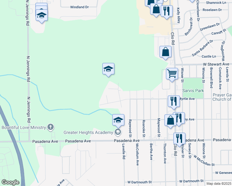 map of restaurants, bars, coffee shops, grocery stores, and more near 3175 Finney Court in Flint