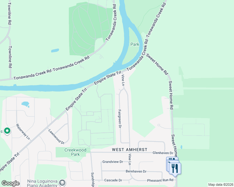 map of restaurants, bars, coffee shops, grocery stores, and more near 29 Fairgreen Drive in Buffalo