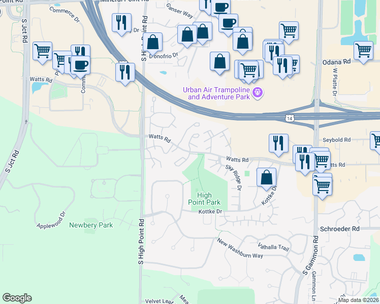 map of restaurants, bars, coffee shops, grocery stores, and more near 2 North Burberry Drive in Madison