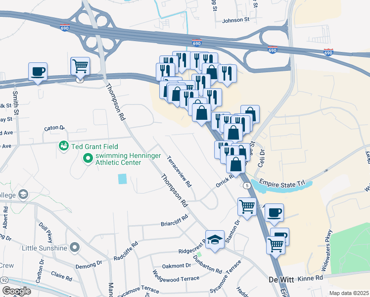 map of restaurants, bars, coffee shops, grocery stores, and more near 337 Stanton Drive in Syracuse