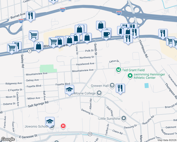 map of restaurants, bars, coffee shops, grocery stores, and more near 703 Mountainview Avenue in Syracuse