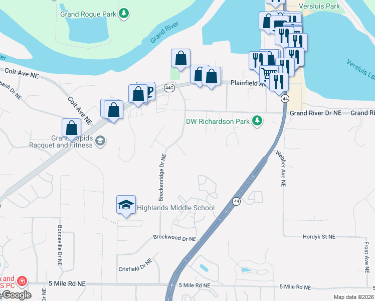 map of restaurants, bars, coffee shops, grocery stores, and more near 4900 Breckenridge Drive Northeast in Grand Rapids