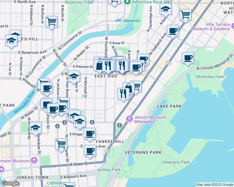 map of restaurants, bars, coffee shops, grocery stores, and more near 1637 North Franklin Place in Milwaukee
