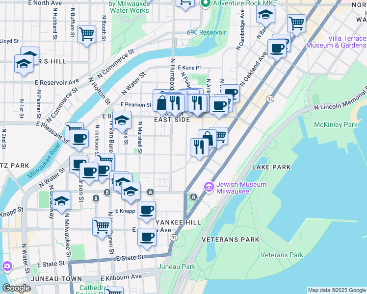 map of restaurants, bars, coffee shops, grocery stores, and more near 1637 North Franklin Place in Milwaukee