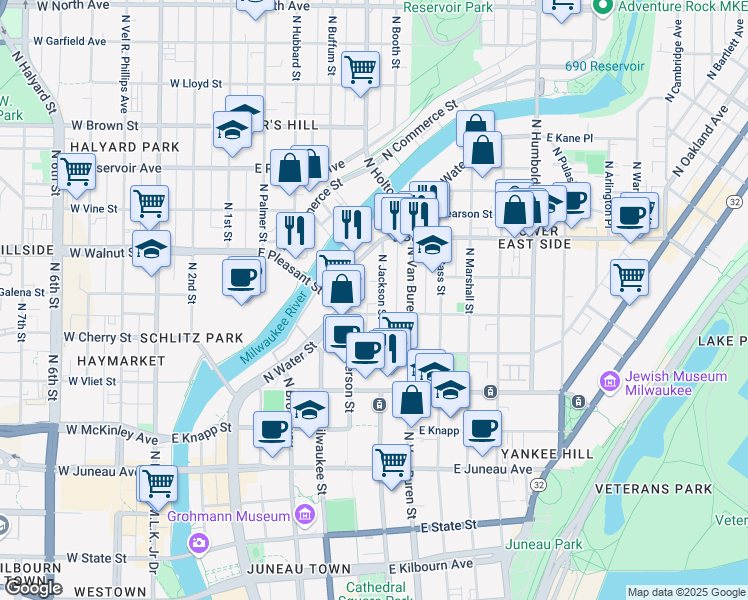 map of restaurants, bars, coffee shops, grocery stores, and more near 1634 North Jackson Street in Milwaukee