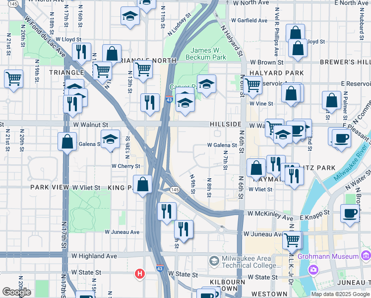 map of restaurants, bars, coffee shops, grocery stores, and more near 1604 North 10th Street in Milwaukee