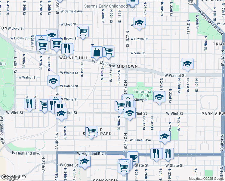 map of restaurants, bars, coffee shops, grocery stores, and more near 2828-2832 West Galena Street in Milwaukee