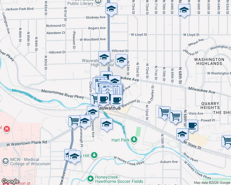 map of restaurants, bars, coffee shops, grocery stores, and more near 7517 Lincoln Place in Wauwatosa