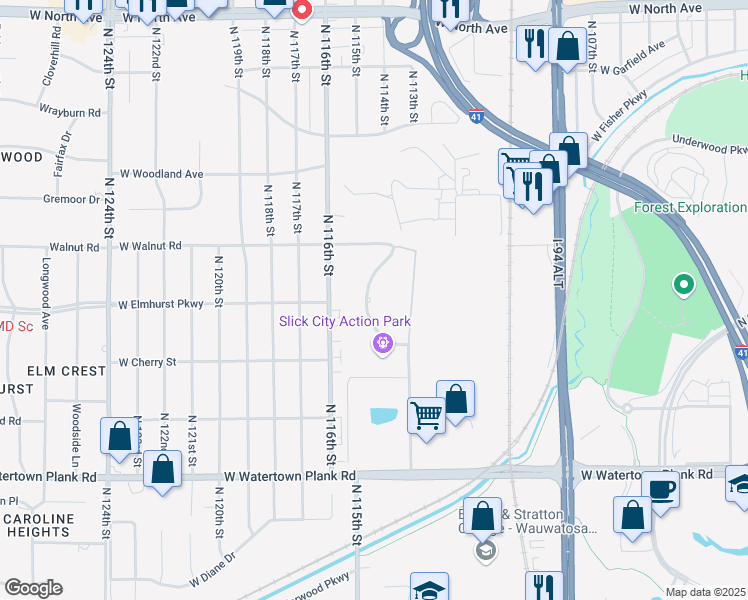 map of restaurants, bars, coffee shops, grocery stores, and more near 1621 Rivers Bend in Wauwatosa