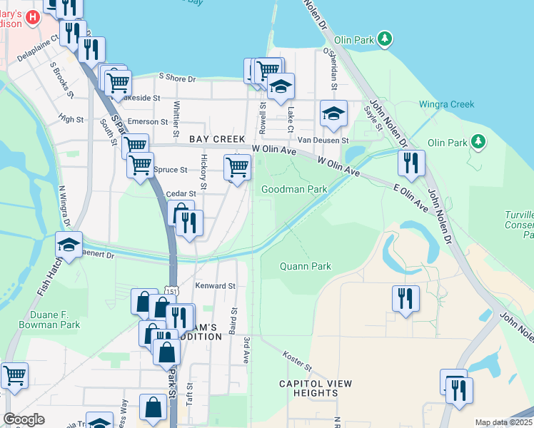 map of restaurants, bars, coffee shops, grocery stores, and more near 207 West Olin Avenue in Madison