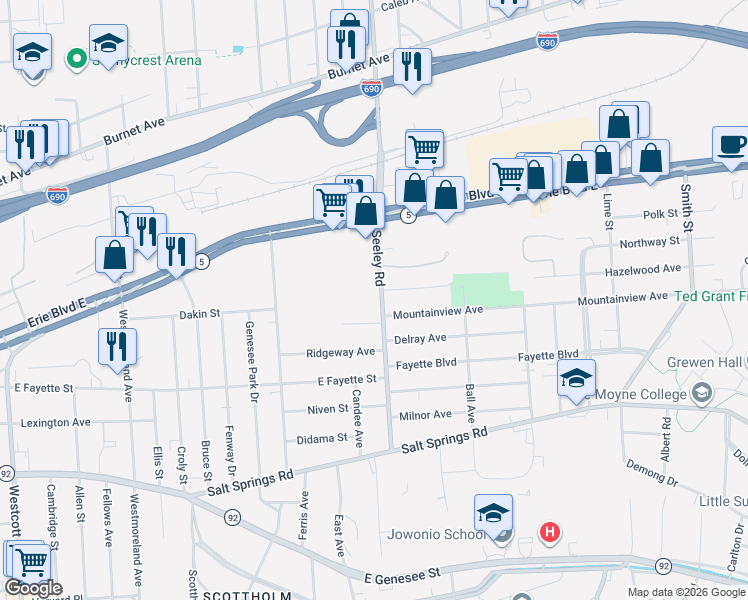 map of restaurants, bars, coffee shops, grocery stores, and more near 220 Seeley Road in Syracuse