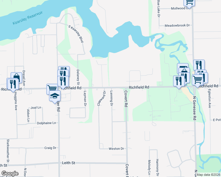 map of restaurants, bars, coffee shops, grocery stores, and more near 4199 Richfield Road in Flint