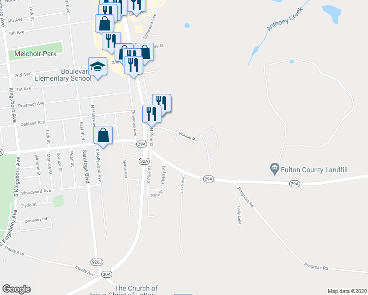 map of restaurants, bars, coffee shops, grocery stores, and more near 110 Francis Street in Gloversville