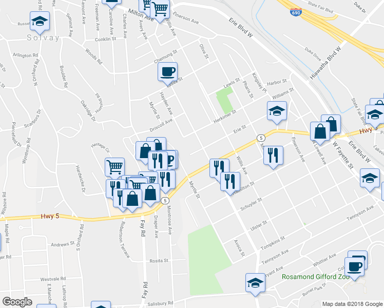 map of restaurants, bars, coffee shops, grocery stores, and more near 415 Erie Street in Syracuse