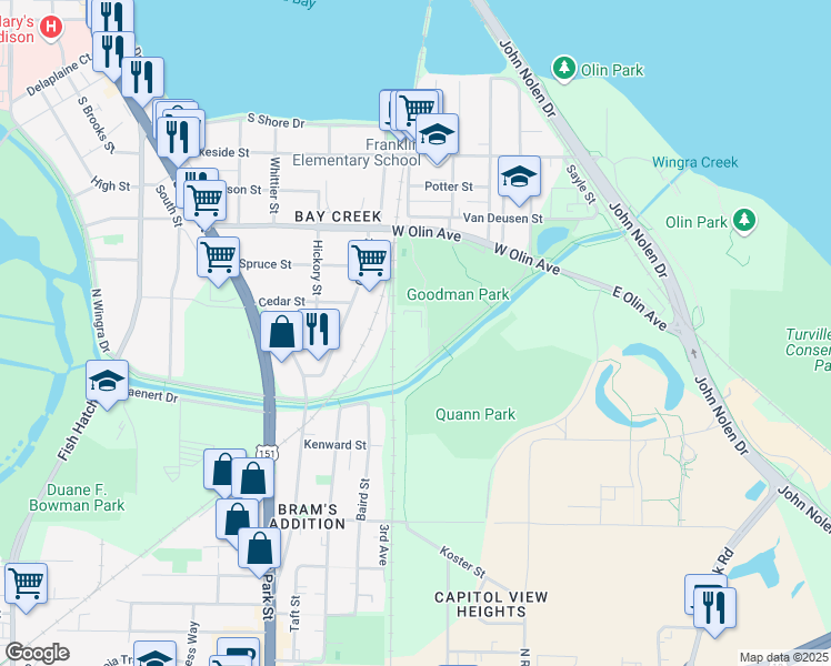 map of restaurants, bars, coffee shops, grocery stores, and more near 1402 Wingra Creek Parkway in Madison