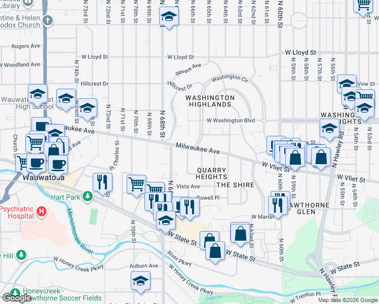 map of restaurants, bars, coffee shops, grocery stores, and more near 6591 Washington Circle in Wauwatosa