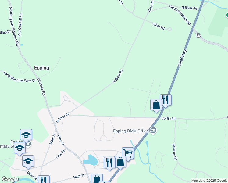 map of restaurants, bars, coffee shops, grocery stores, and more near 75 North River Road in Epping
