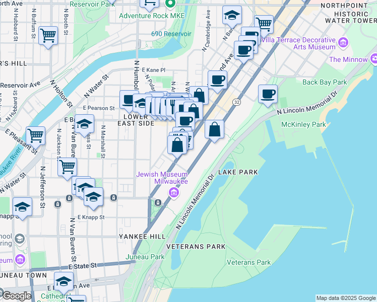map of restaurants, bars, coffee shops, grocery stores, and more near 1601 North Farwell Avenue in Milwaukee