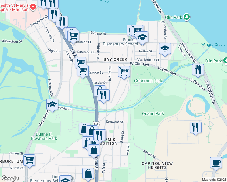 map of restaurants, bars, coffee shops, grocery stores, and more near 1403 Gilson Street in Madison